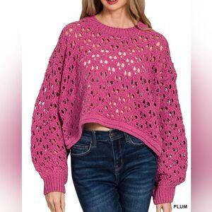 *Zenana Women's Casual Oversized Cropped Crochet Open Knit Sweater Pink Magenta